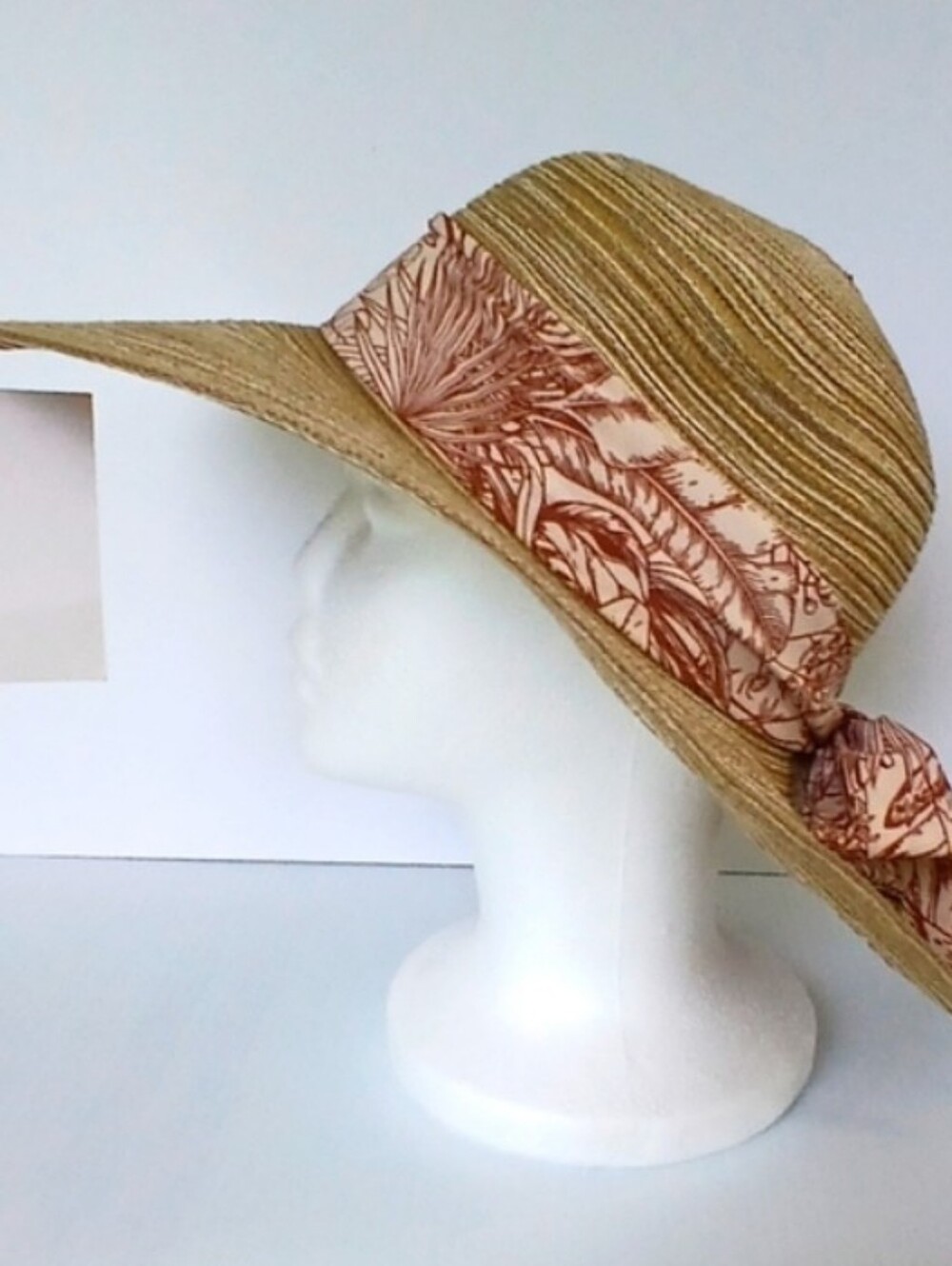 Wide Brim Sun Hat Tan & Cream - Tropical Print Sash NEW
